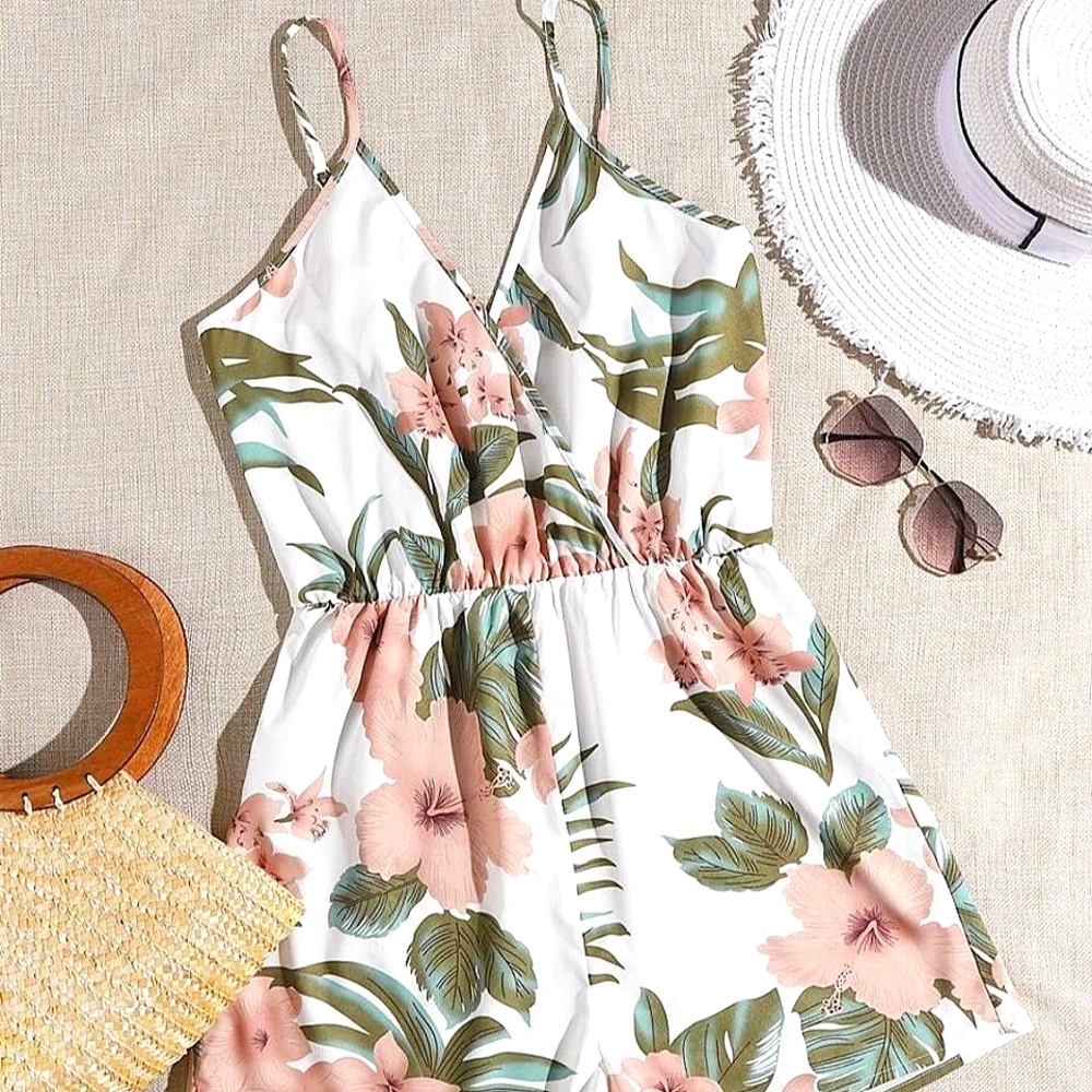 Tropical Floral Romper Silky Material Adjustable Spaghetti Straps Fits M/L NWOT